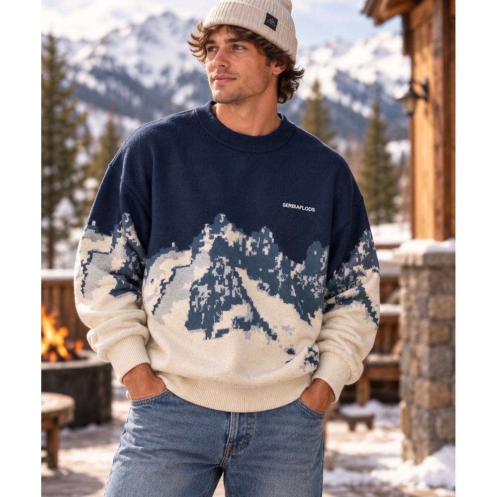 Apres Ski Mountain Landscape Knit Sweater Gorpcore Navy Cream Retro Resort Sz L